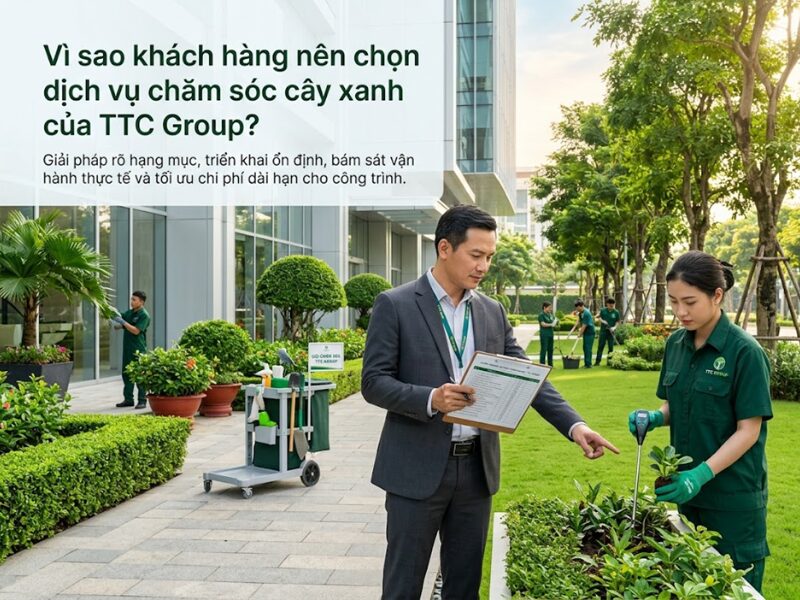 Dịch vụ chăm sóc cây xanh của TTC Group giúp công trình giữ cảnh quan ổn định và bền vững hơn dịch vụ chăm sóc cây xanh